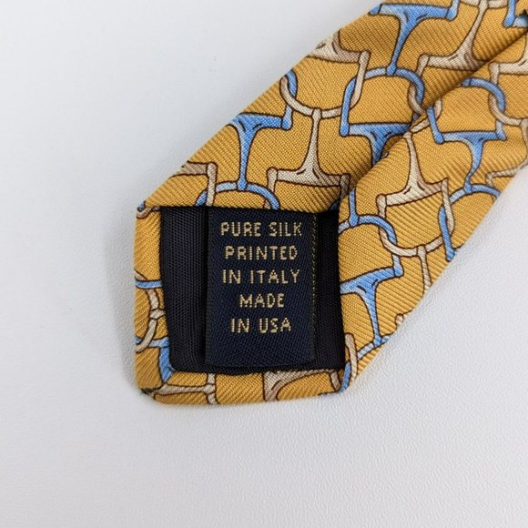 Brooks Brothers Makers Tie Mustard Gold Blue Pure Silk USA Made Chain Bit Print - Picture 6 of 7